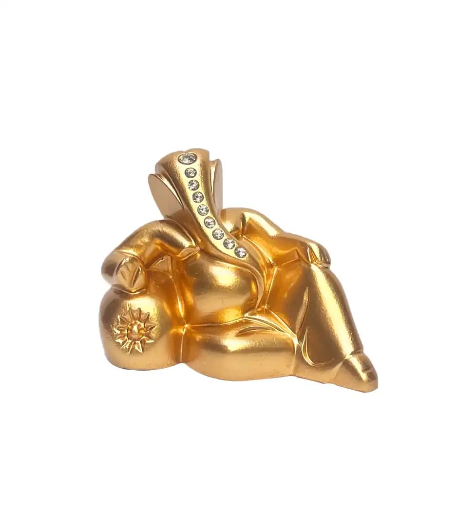 Glossy Metallic Gold Finish Sitting Lord Ganesha Idol Statue with Stone Work | Decorative Ganesh Murti for Car Dashboard, Home & Office