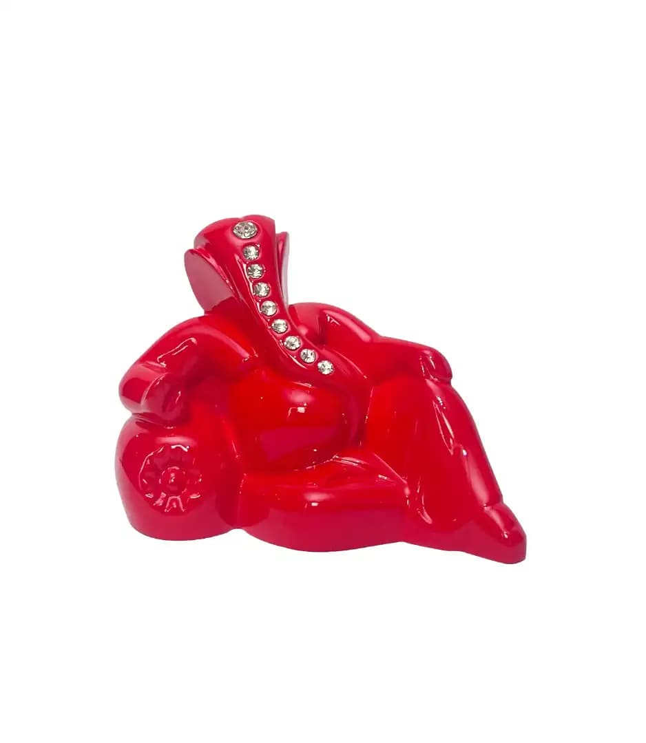 Glossy Red Finish Sitting Lord Ganesha Idol Statue with Stone Work | Decorative Ganesh Murti for Car Dashboard, Home & Office