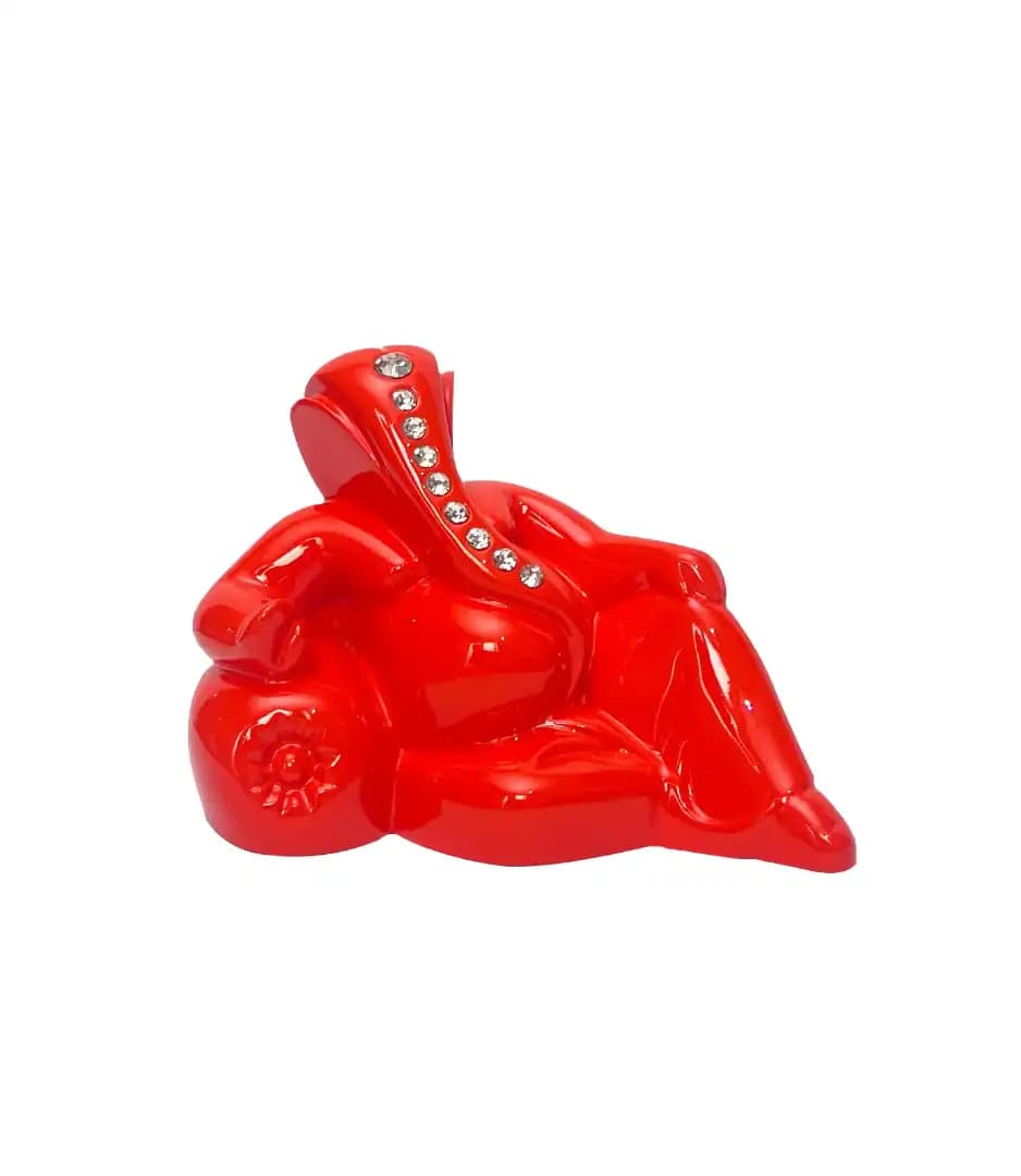 Glossy Orange Finish Sitting Lord Ganesha Idol Statue with Stone Work | Decorative Ganesh Murti for Car Dashboard, Home & Office