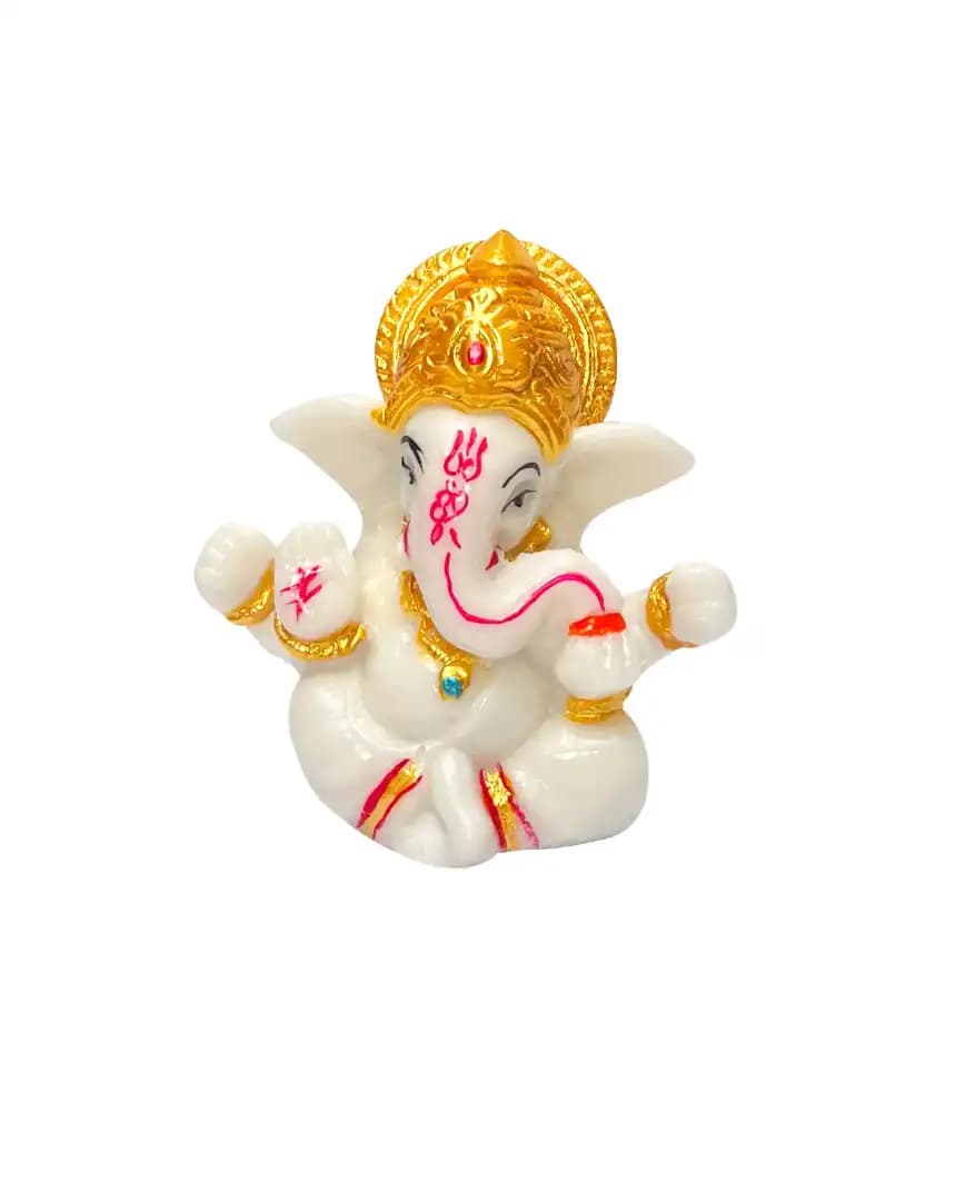 Glossy Marble Finish Lord Ganesha Idol Statue with Mukut & Intricate Detailing | Decorative Ganesh Murti for Car Dashboard, Home & Office