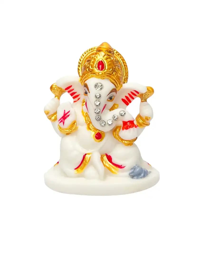 Glossy Marble Finish Lord Ganesha on Pedestal Idol Statue with Mukut & Stone Work | Decorative Ganesh Murti for Car Dashboard, Home & Office
