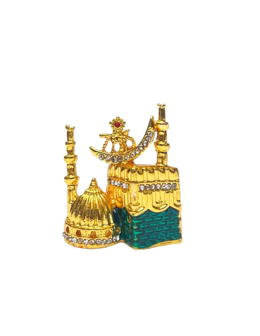 Premium Gold-Plated Mecca & Medina Islamic Idol Statue – Gold Finish with Crystal Detailing | Decorative Islamic Dashboard Showpiece for Car Dashboard, Home & Office